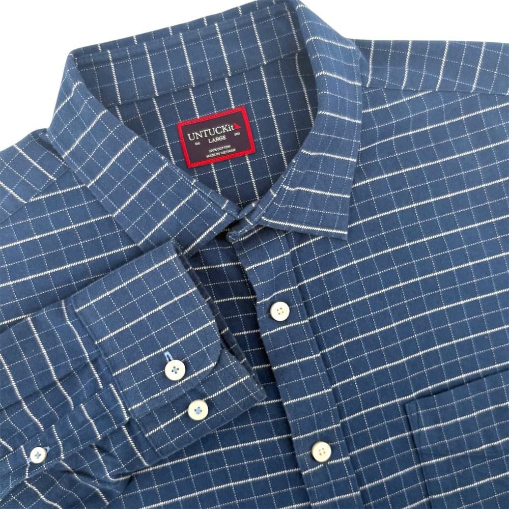 UNTUCKit Michelot Mens Large Navy Blue Grid Check Long Sleeve Button Down Shirt